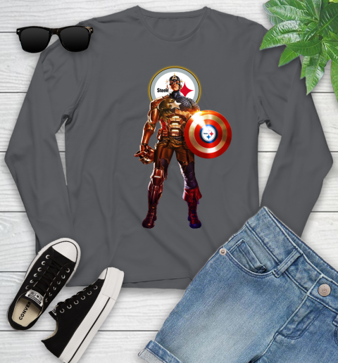 NFL Captain America Marvel Avengers Endgame Football Sports Pittsburgh Steelers Youth Long Sleeve 8