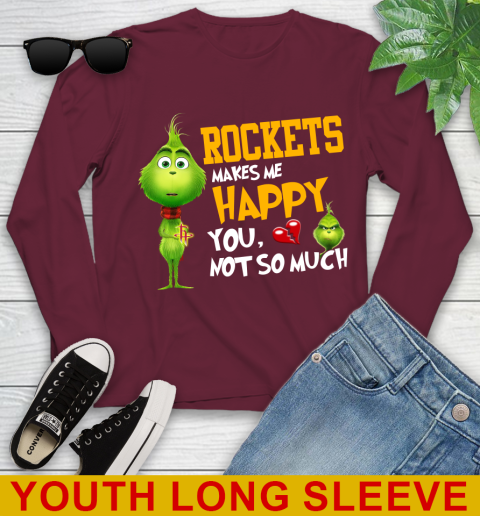 NBA Houston Rockets Makes Me Happy You Not So Much Grinch Basketball Sports Youth Long Sleeve - Image 7