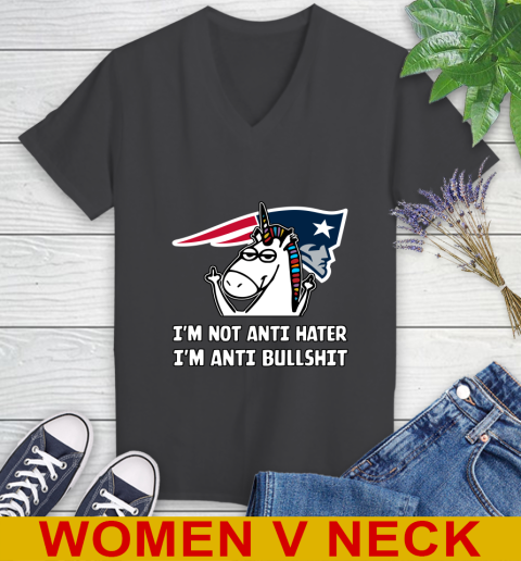 New England Patriots NFL Football Unicorn I'm Not Anti Hater I'm Anti Bullshit Women's V-Neck T-Shirt 9