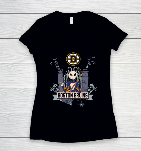 NHL Boston Bruins Hockey Jack Skellington Halloween Women's V-Neck T-Shirt