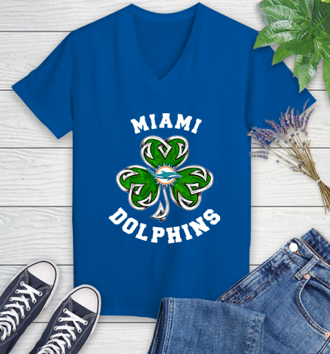 NFL Miami Dolphins Three Leaf Clover St Patrick's Day Football Sports Women's V-Neck T-Shirt 10