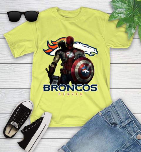 NFL Captain America Thor Spider Man Hawkeye Avengers Endgame Football Denver Broncos Youth T-Shirt 8