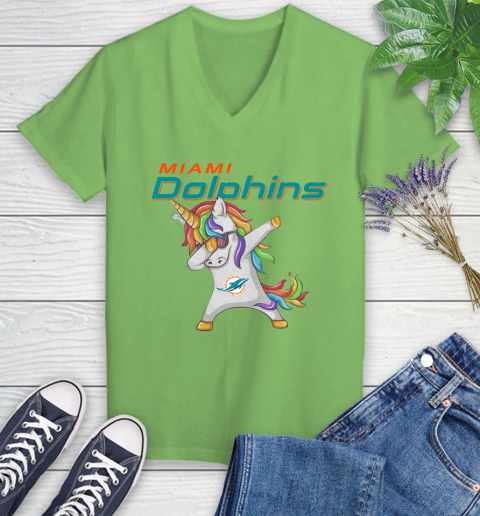 Miami Dolphins NFL Football Funny Unicorn Dabbing Sports Women's V-Neck T-Shirt 11