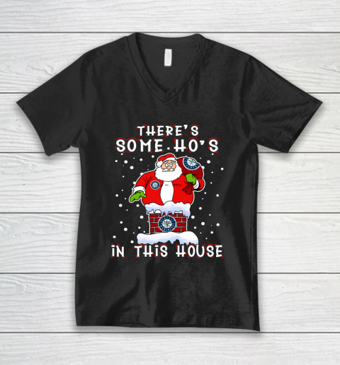Seattle Mariners Christmas There Is Some Hos In This House Santa Stuck In The Chimney MLB V-Neck T-Shirt