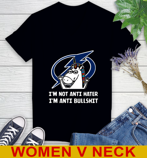 Tampa Bay Lightning NHL Hockey Unicorn I'm Not Anti Hater I'm Anti Bullshit Women's V-Neck T-Shirt 2