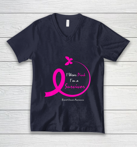 Womens Butterfly I Wear Pink I m A Survivor Breast Cancer Awareness V-Neck T-Shirt 2