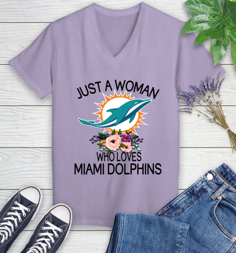 NFL Just A Woman Who Loves Miami Dolphins Football Sports Women's V-Neck T-Shirt 9