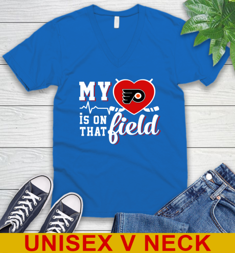 NHL My Heart Is On That Field Hockey Sports Philadelphia Flyers V-Neck T-Shirt 5