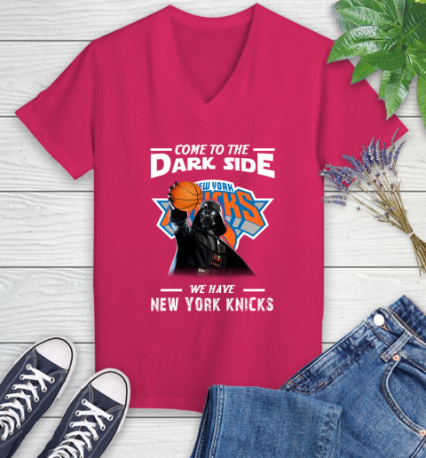 NBA Come To The Dark Side We Have New York Knicks Star Wars Darth Vader Basketball Women's V-Neck T-Shirt 9