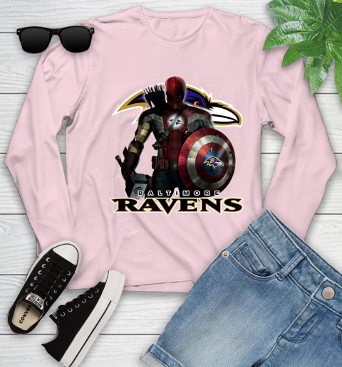 NFL Captain America Thor Spider Man Hawkeye Avengers Endgame Football Baltimore Ravens Youth Long Sleeve 10
