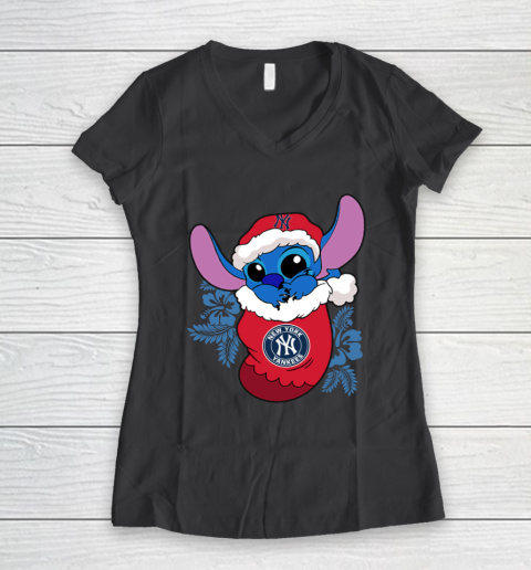 New York Yankees Christmas Stitch In The Sock Funny Disney MLB Women's V-Neck T-Shirt 8