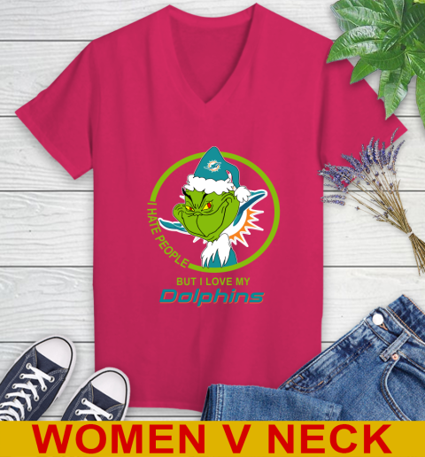 Miami Dolphins NFL Christmas Grinch I Hate People But I Love My Favorite Football Team Women's V-Neck T-Shirt 10