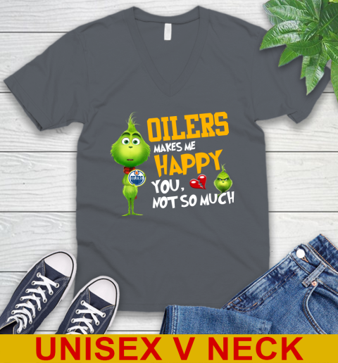 NHL Edmonton Oilers Makes Me Happy You Not So Much Grinch Hockey Sports V-Neck T-Shirt - Image 5