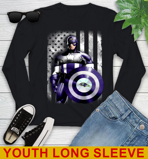 Baltimore Ravens NFL Football Captain America Marvel Avengers American Flag Shirt Youth Long Sleeve