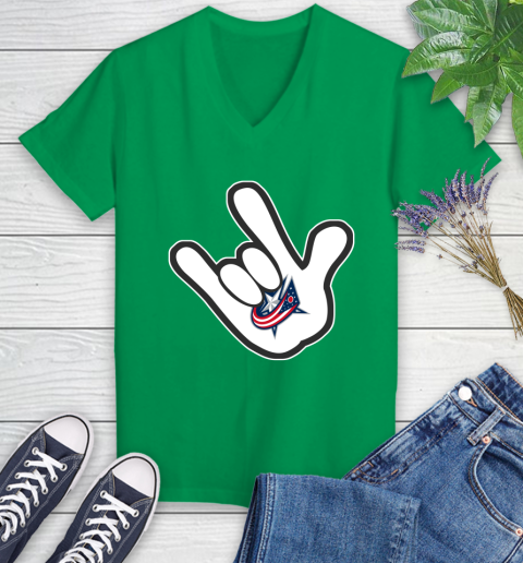 Columbus Blue Jackets NHL Hockey Mickey Rock Hand Disney Women's V-Neck T-Shirt 5