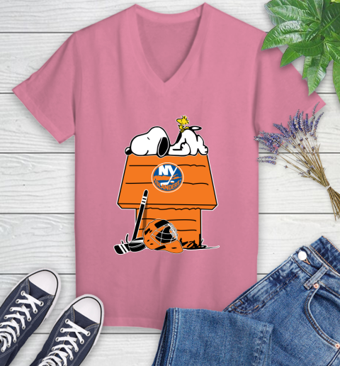 New York Islanders NHL Hockey Snoopy Woodstock The Peanuts Movie (1) Women's V-Neck T-Shirt 13