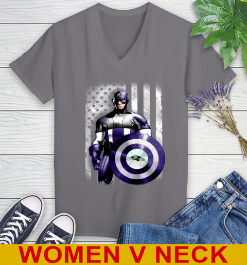 Baltimore Ravens NFL Football Captain America Marvel Avengers American Flag Shirt Women's V-Neck T-Shirt 11
