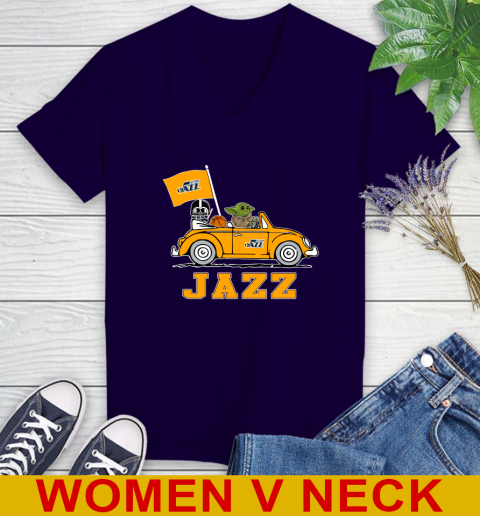 NBA Basketball Utah Jazz Darth Vader Baby Yoda Driving Star Wars Shirt Women's V-Neck T-Shirt 4