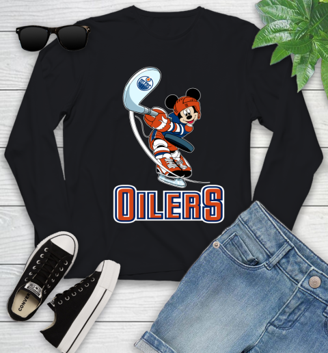 NHL Hockey Edmonton Oilers Cheerful Mickey Mouse Shirt Youth Long Sleeve