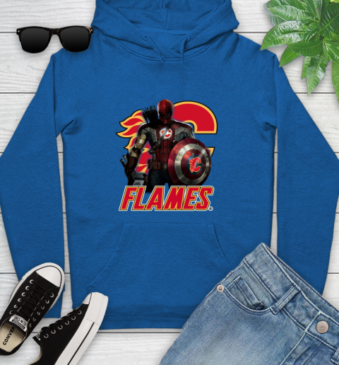 NHL Captain America Thor Spider Man Hawkeye Avengers Endgame Hockey Calgary Flames Youth Hoodie 9