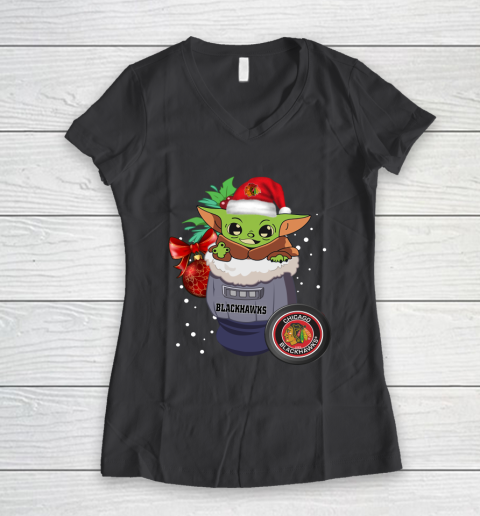 Chicago Blackhawks Christmas Baby Yoda Star Wars Funny Happy NHL Women's V-Neck T-Shirt 8