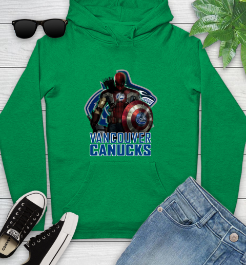 NHL Captain America Thor Spider Man Hawkeye Avengers Endgame Hockey Vancouver Canucks Youth Hoodie 7