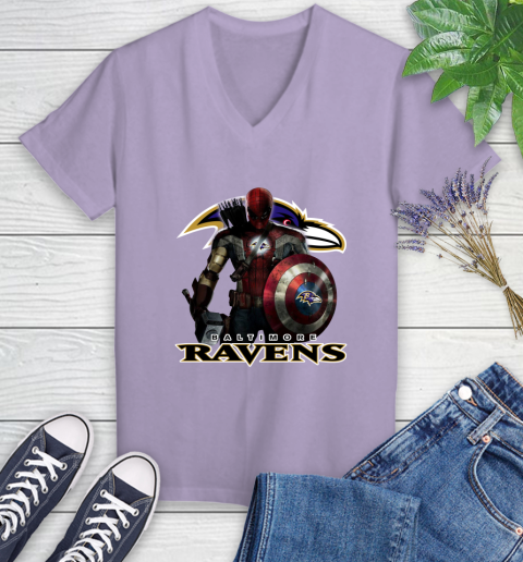 NFL Captain America Thor Spider Man Hawkeye Avengers Endgame Football Baltimore Ravens Women's V-Neck T-Shirt 14