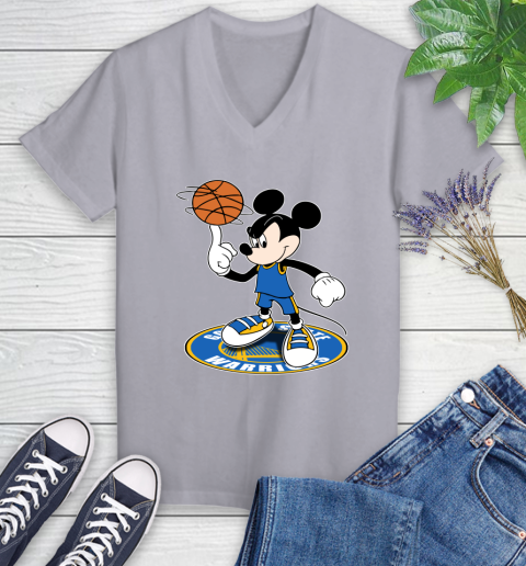 NBA Basketball Golden State Warriors Cheerful Mickey Disney Shirt Women's V-Neck T-Shirt 4