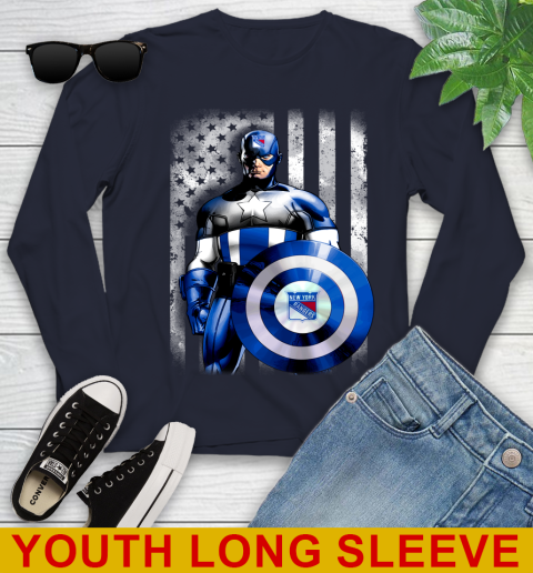 New York Rangers NHL Hockey Captain America Marvel Avengers American Flag Shirt Youth Long Sleeve 2