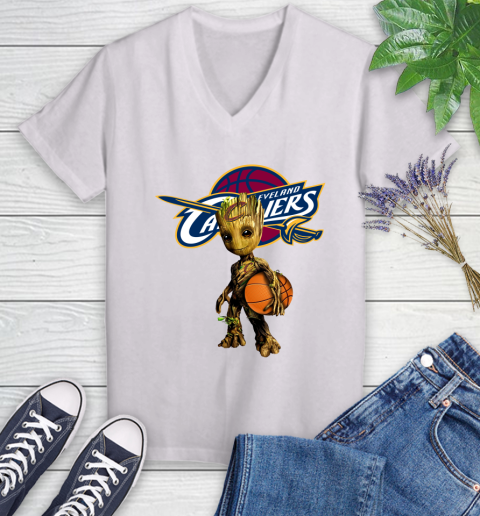 Cleveland Cavaliers NBA Basketball Groot Marvel Guardians Of The Galaxy Women's V-Neck T-Shirt