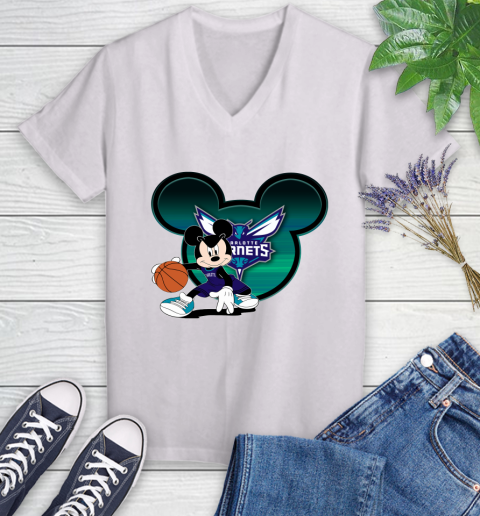 NBA Charlotte Hornets Mickey Mouse Disney Basketball Women's V-Neck T-Shirt