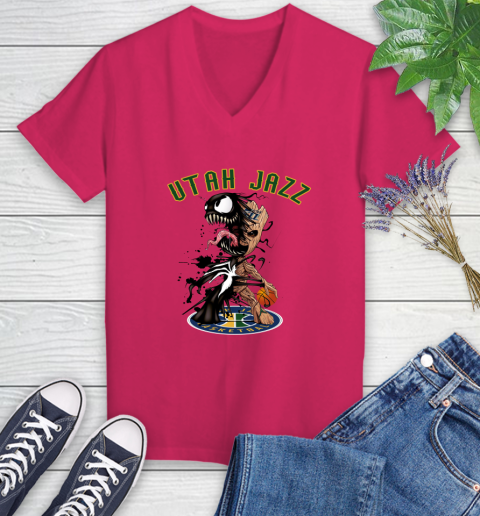 NBA Utah Jazz Basketball Venom Groot Guardians Of The Galaxy Women's V-Neck T-Shirt 9
