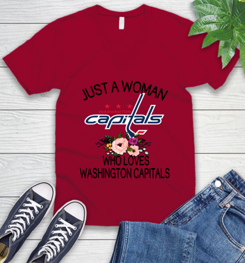 NHL Just A Woman Who Loves Washington Capitals Hockey Sports V-Neck T-Shirt 5