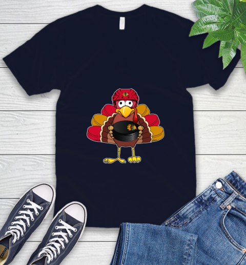Chicago Blackhawks Turkey Thanksgiving Day V-Neck T-Shirt 3