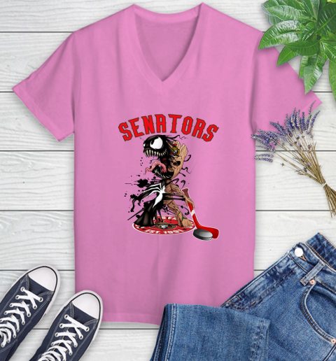 NHL Ottawa Senators Hockey Venom Groot Guardians Of The Galaxy Women's V-Neck T-Shirt 14