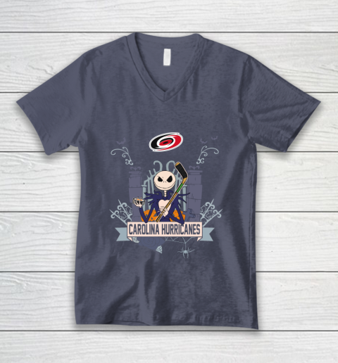 NHL Carolina Hurricanes Hockey Jack Skellington Halloween V-Neck T-Shirt 7