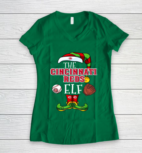 Cincinnati Reds Christmas ELF Funny MLB Women's V-Neck T-Shirt 3