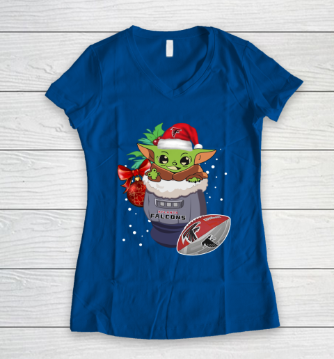 Atlanta Falcons Christmas Baby Yoda Star Wars Funny Happy NFL Women's V-Neck T-Shirt 9