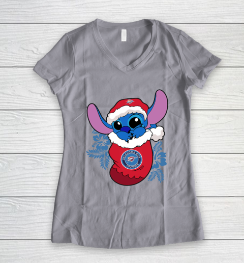 Oklahoma City Thunder Christmas Stitch In The Sock Funny Disney NBA Women's V-Neck T-Shirt 4