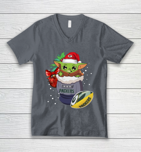 Green Bay Packers Christmas Baby Yoda Star Wars Funny Happy NFL V-Neck T-Shirt 5