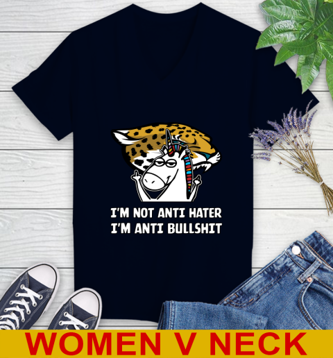 Jacksonville Jaguars NFL Football Unicorn I'm Not Anti Hater I'm Anti Bullshit Women's V-Neck T-Shirt 3