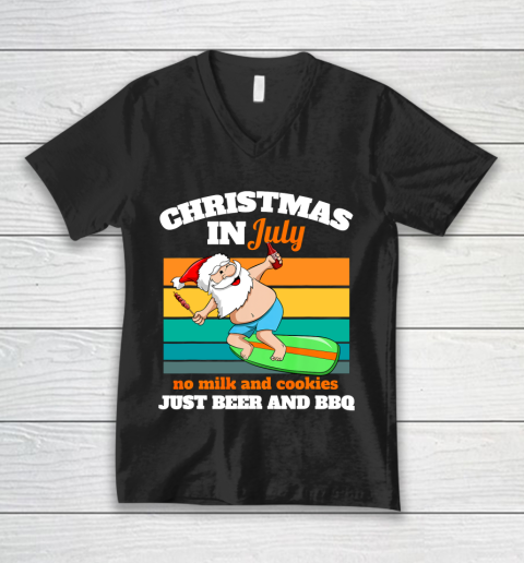Surfer Santa Beer And BBQ Xmas Party Beach Christmas In July V-Neck T-Shirt