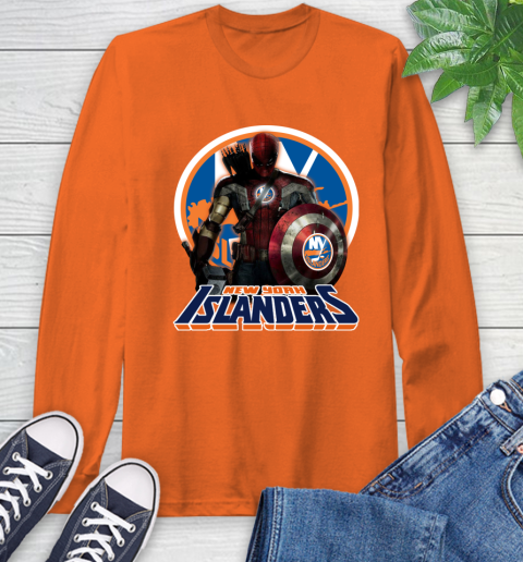 NHL Captain America Thor Spider Man Hawkeye Avengers Endgame Hockey New York Islanders Long Sleeve T-Shirt 5
