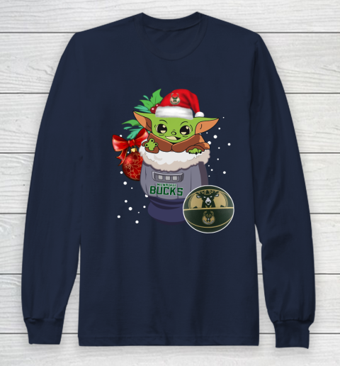 Milwaukee Bucks Christmas Baby Yoda Star Wars Funny Happy NBA Long Sleeve T-Shirt 4