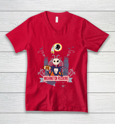 NFL Washington Redskins Football Jack Skellington Halloween V-Neck T-Shirt 6