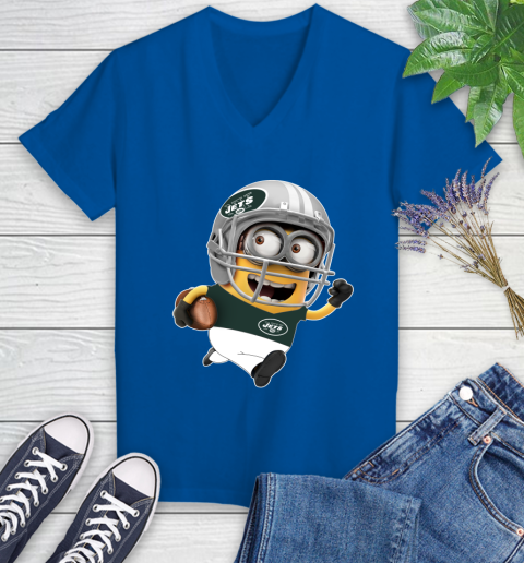 NFL New York Jets Minions Disney Football Sports Women's V-Neck T-Shirt 10