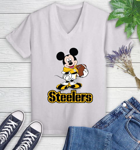 NFL Football Pittsburgh Steelers Cheerful Mickey Mouse Shirt Women's V-Neck T-Shirt 2