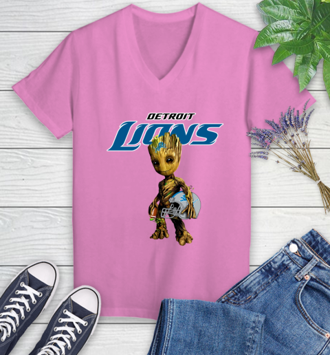 Detroit Lions NFL Football Groot Marvel Guardians Of The Galaxy Women's V-Neck T-Shirt 14