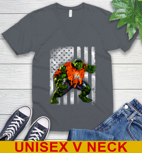 Miami Marlins Hulk Marvel Avengers MLB Baseball American Flag V-Neck T-Shirt 4