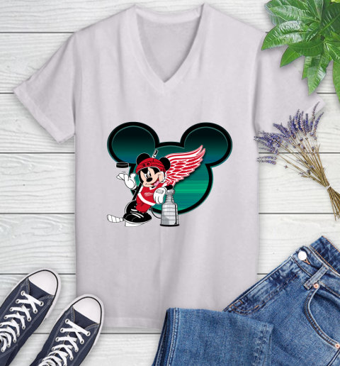 NHL Detroit Red Wings Stanley Cup Mickey Mouse Disney Hockey T Shirt Women's V-Neck T-Shirt